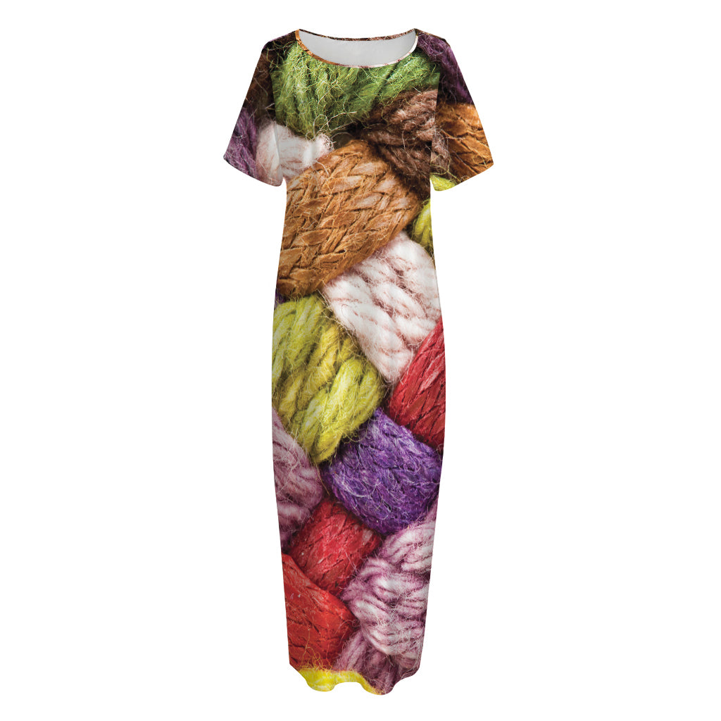Colorful Wool Yarns Print Short Sleeve Long Nightdress