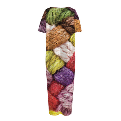 Colorful Wool Yarns Print Short Sleeve Long Nightdress
