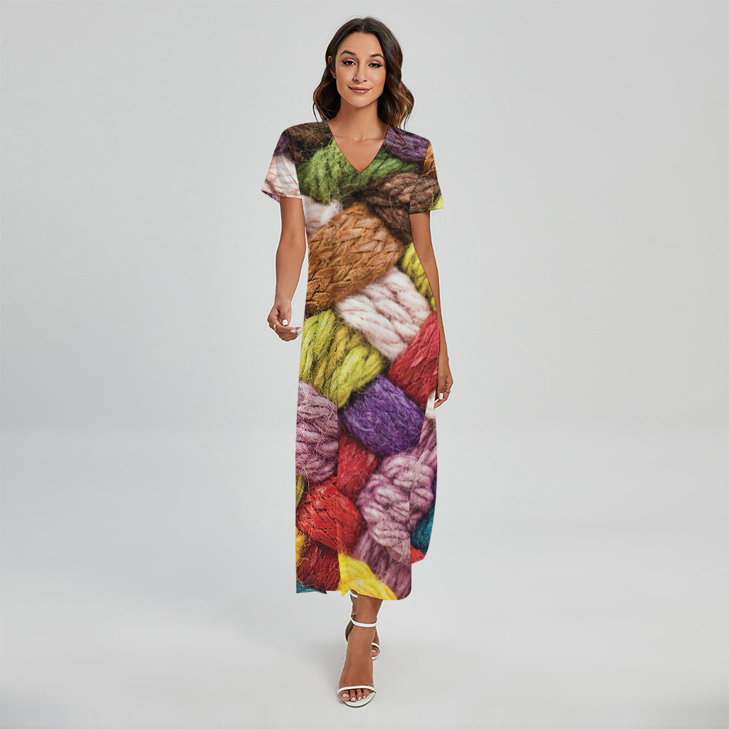 Colorful Wool Yarns Print Short Sleeve Maxi Dress