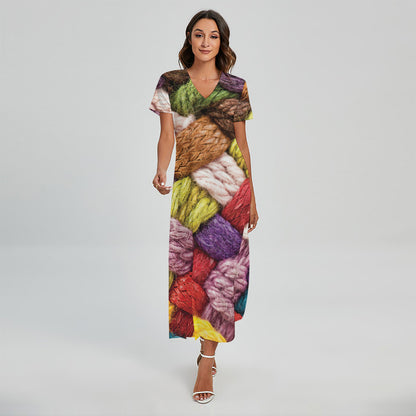Colorful Wool Yarns Print Short Sleeve Maxi Dress