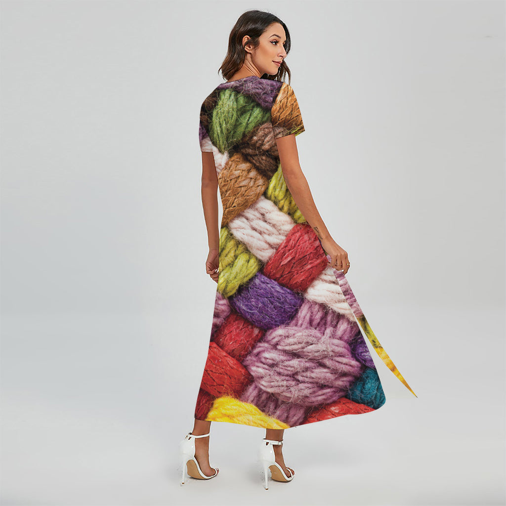 Colorful Wool Yarns Print Short Sleeve Maxi Dress