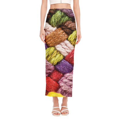 Colorful Wool Yarns Print Side Slit Maxi Skirt