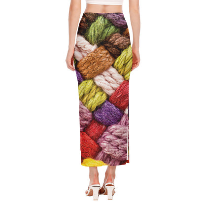 Colorful Wool Yarns Print Side Slit Maxi Skirt