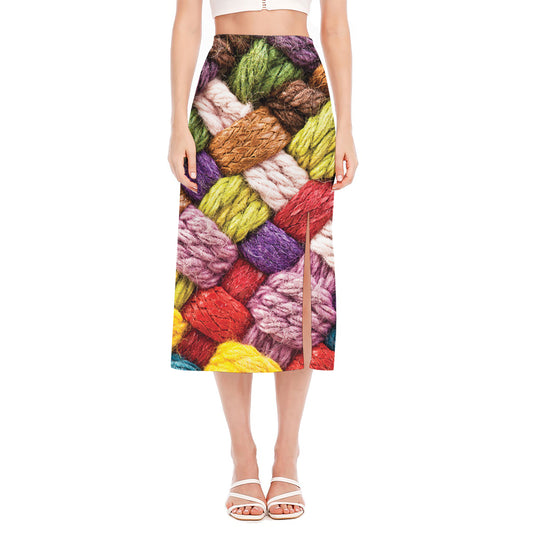 Colorful Wool Yarns Print Side Slit Midi Skirt