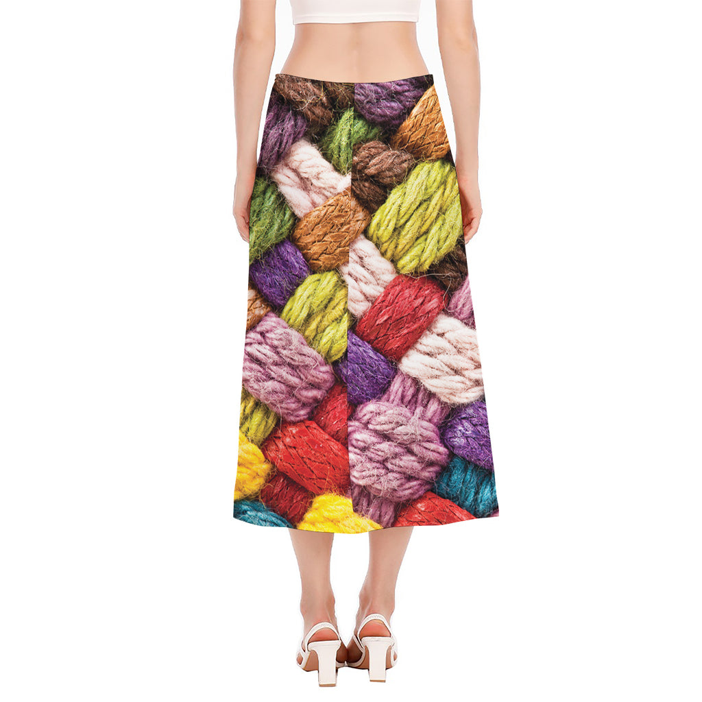Colorful Wool Yarns Print Side Slit Midi Skirt