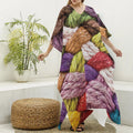 Colorful Wool Yarns Print Silk V-Neck Kaftan Dress