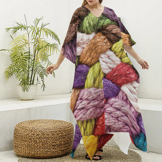 Colorful Wool Yarns Print Silk V-Neck Kaftan Dress