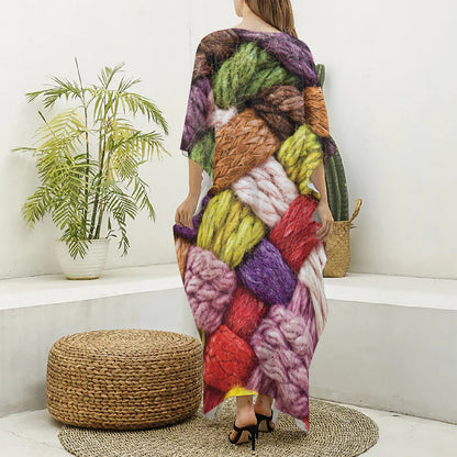 Colorful Wool Yarns Print Silk V-Neck Kaftan Dress