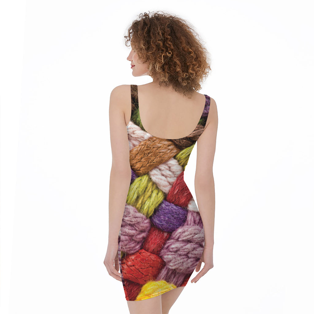 Colorful Wool Yarns Print Sleeveless Bodycon Dress