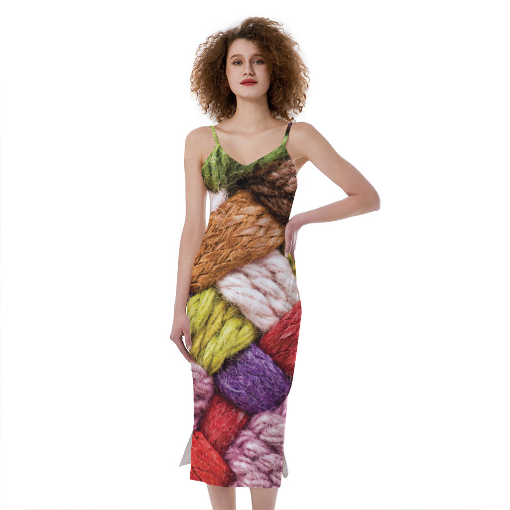 Colorful Wool Yarns Print Slim Fit Midi Cami Dress