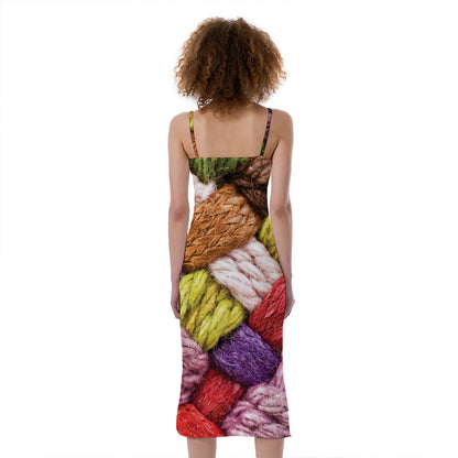 Colorful Wool Yarns Print Slim Fit Midi Cami Dress