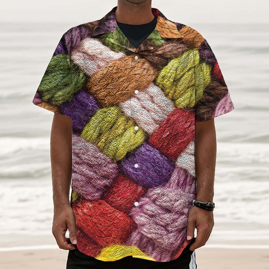 Colorful Wool Yarns Print Textured Short Sleeve Shirt
