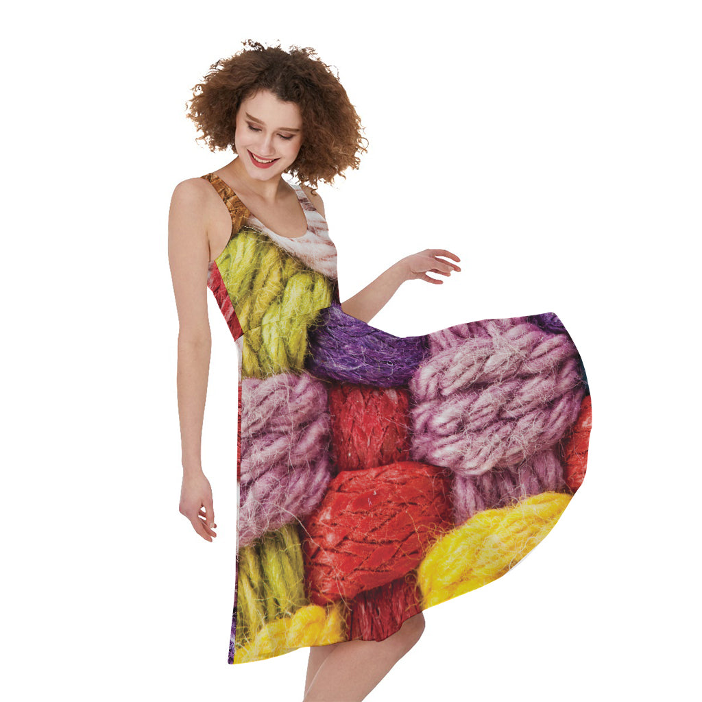 Colorful Wool Yarns Print Women's Sleeveless Dress