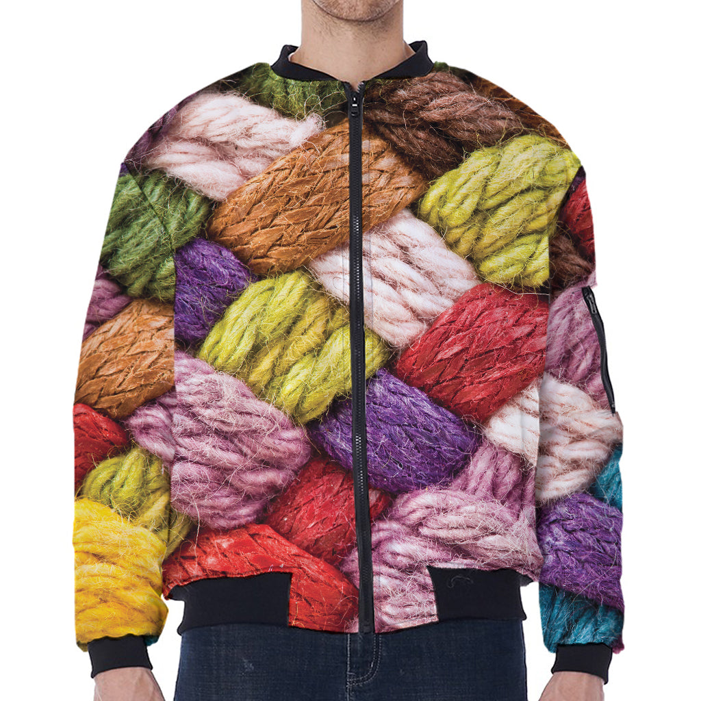 Colorful Wool Yarns Print Zip Sleeve Bomber Jacket