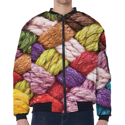 Colorful Wool Yarns Print Zip Sleeve Bomber Jacket
