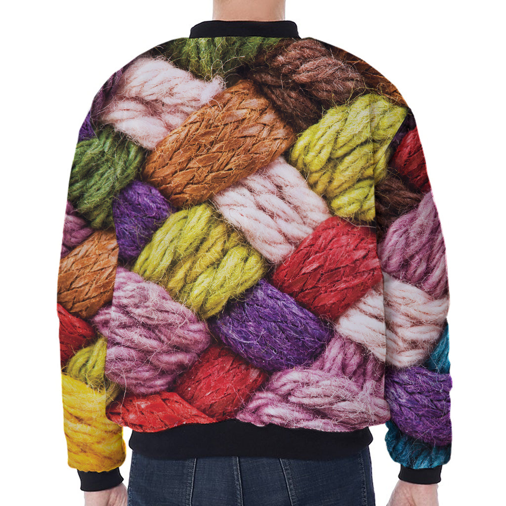Colorful Wool Yarns Print Zip Sleeve Bomber Jacket