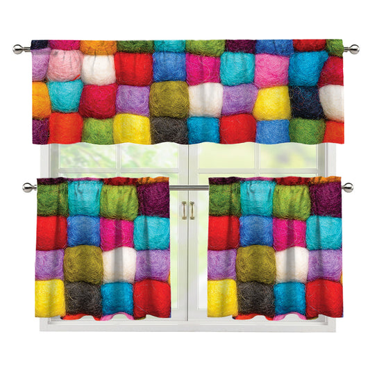 Colorful Yarn Balls Print 3 Piece Kitchen Curtains