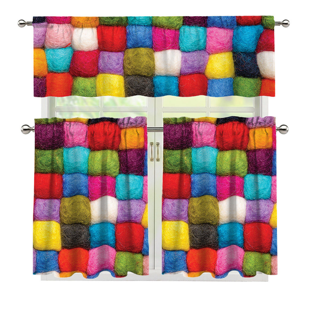 Colorful Yarn Balls Print 3 Piece Kitchen Curtains