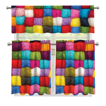 Colorful Yarn Balls Print 3 Piece Kitchen Curtains