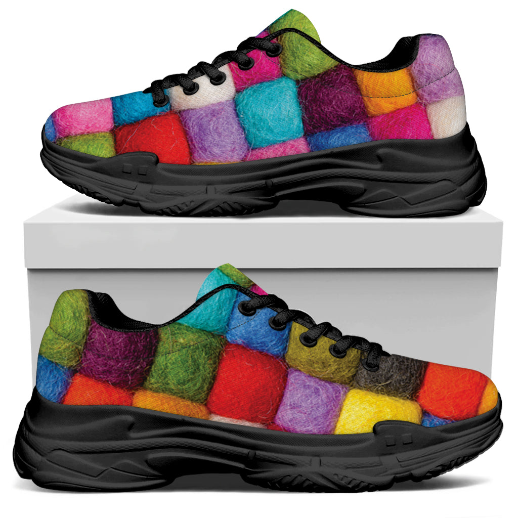 Colorful Yarn Balls Print Black Chunky Shoes