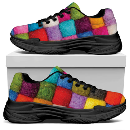 Colorful Yarn Balls Print Black Chunky Shoes