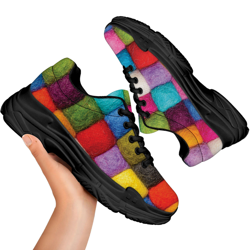 Colorful Yarn Balls Print Black Chunky Shoes