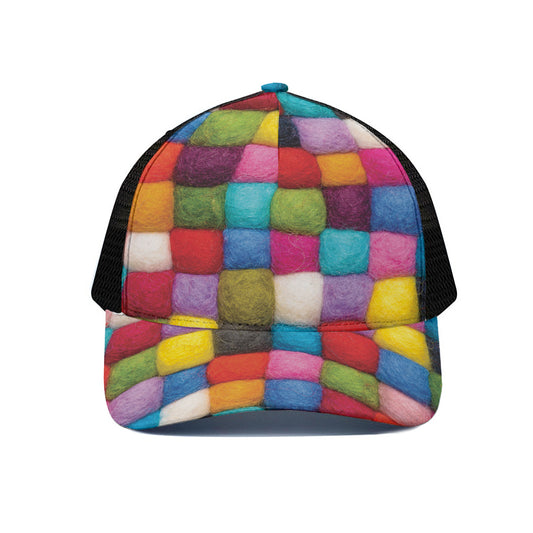 Colorful Yarn Balls Print Black Mesh Trucker Cap