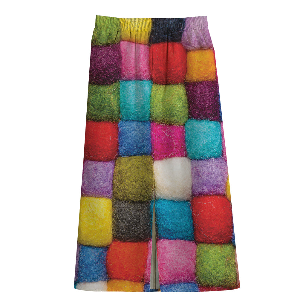 Colorful Yarn Balls Print Cotton Front Slit Maxi Skirt