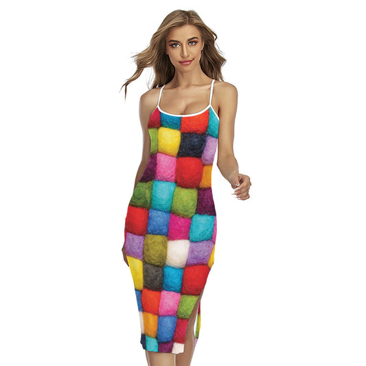 Colorful Yarn Balls Print Cross Back Cami Dress