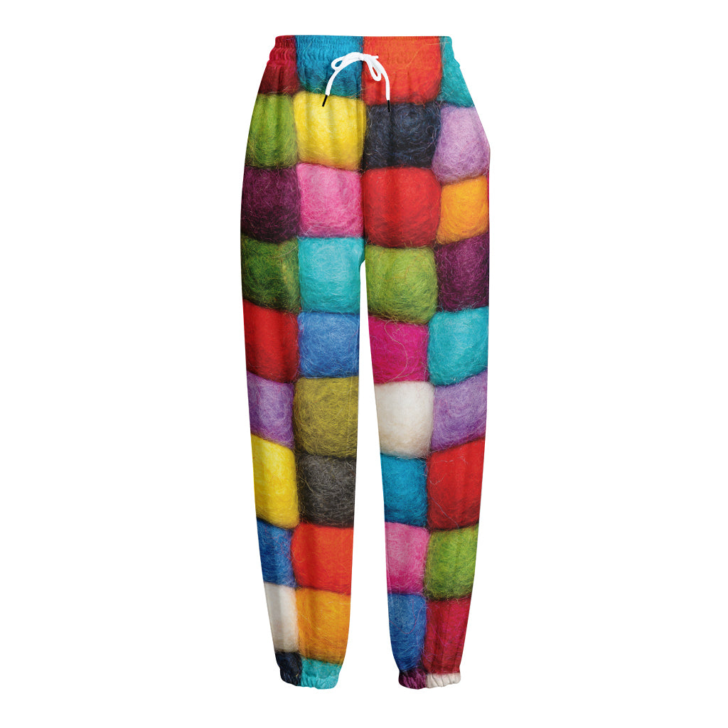 Colorful Yarn Balls Print Fleece Lined Knit Pants