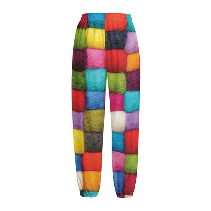 Colorful Yarn Balls Print Fleece Lined Knit Pants