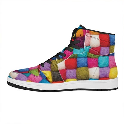 Colorful Yarn Balls Print High Top Leather Sneakers