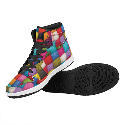 Colorful Yarn Balls Print High Top Leather Sneakers