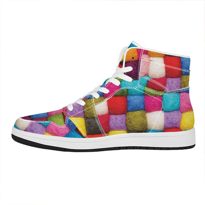 Colorful Yarn Balls Print High Top Leather Sneakers