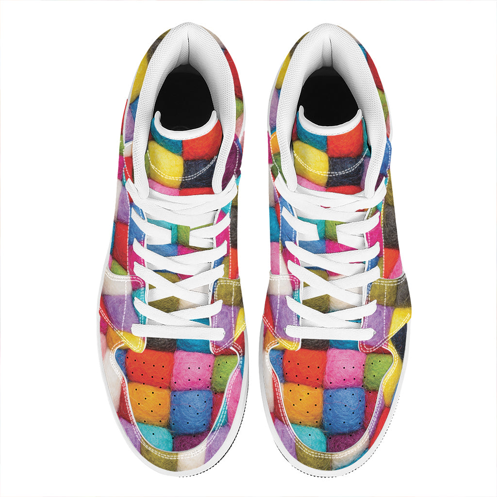 Colorful Yarn Balls Print High Top Leather Sneakers