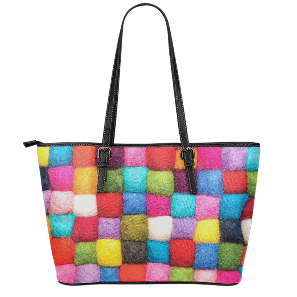 Colorful Yarn Balls Print Leather Tote Bag