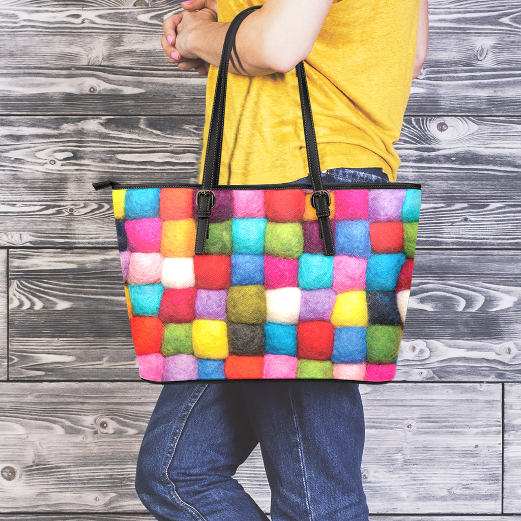 Colorful Yarn Balls Print Leather Tote Bag
