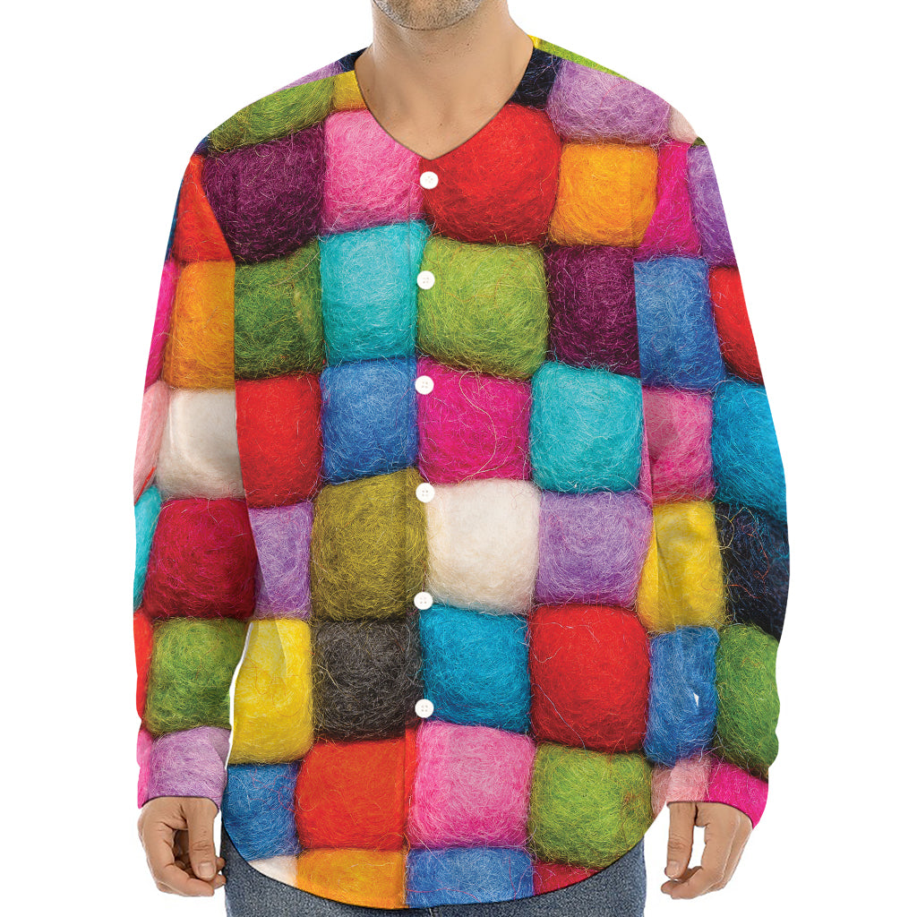 Colorful Yarn Balls Print Long Sleeve Baseball Jersey