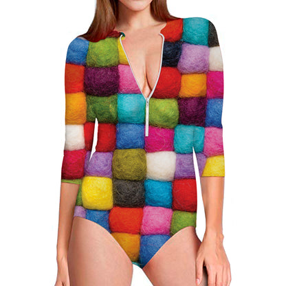 Colorful Yarn Balls Print Long Sleeve Swimsuit