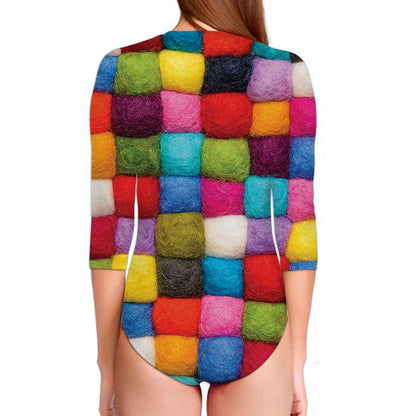 Colorful Yarn Balls Print Long Sleeve Swimsuit