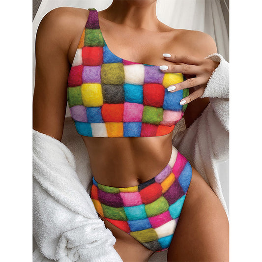 Colorful Yarn Balls Print One Shoulder Bikini Top