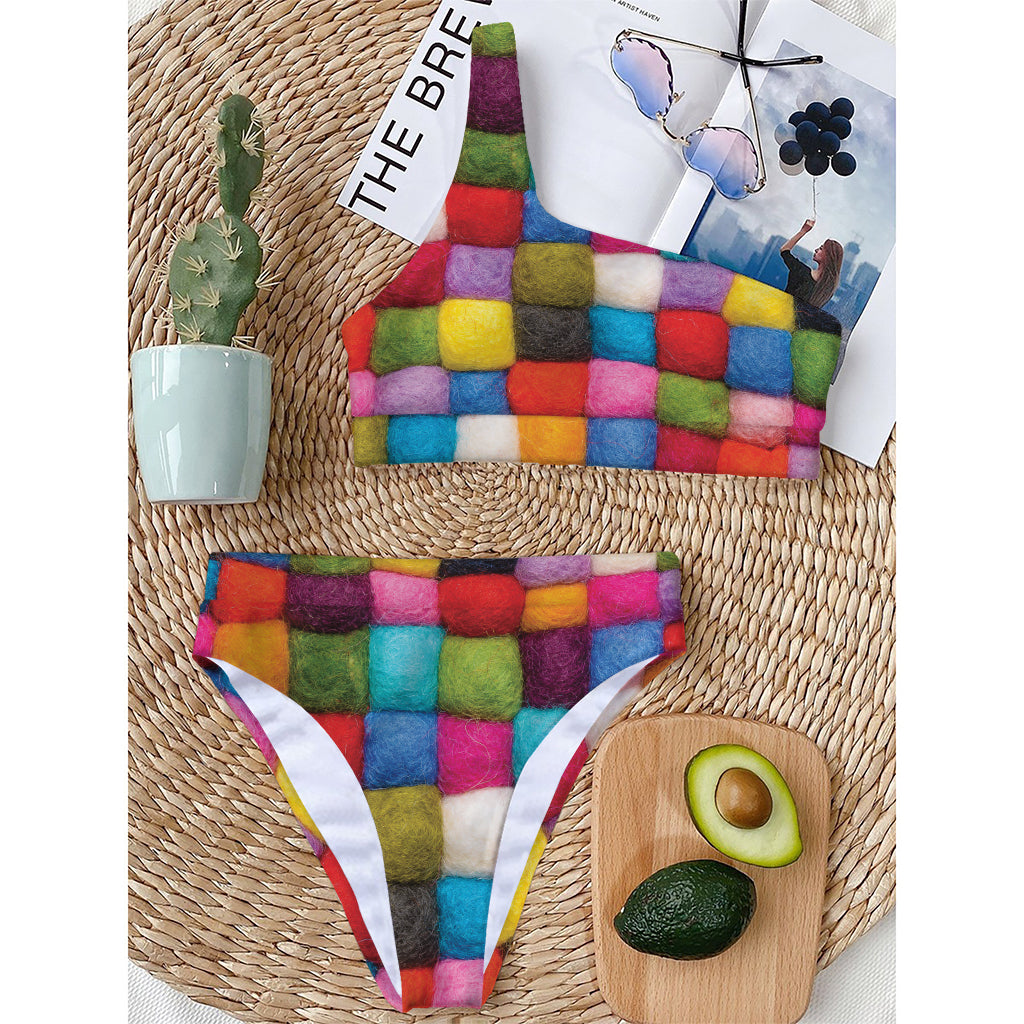 Colorful Yarn Balls Print One Shoulder Bikini Top