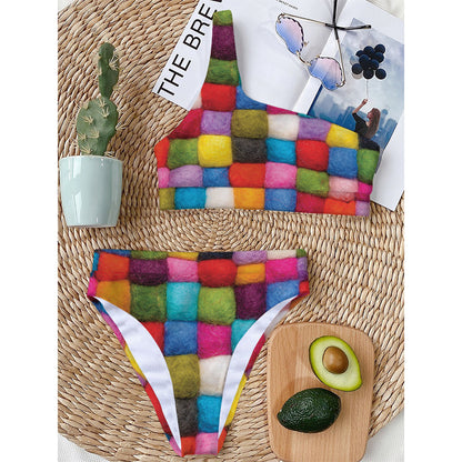 Colorful Yarn Balls Print One Shoulder Bikini Top