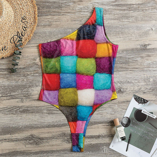 Colorful Yarn Balls Print One Shoulder Bodysuit