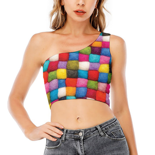 Colorful Yarn Balls Print One Shoulder Crop Top