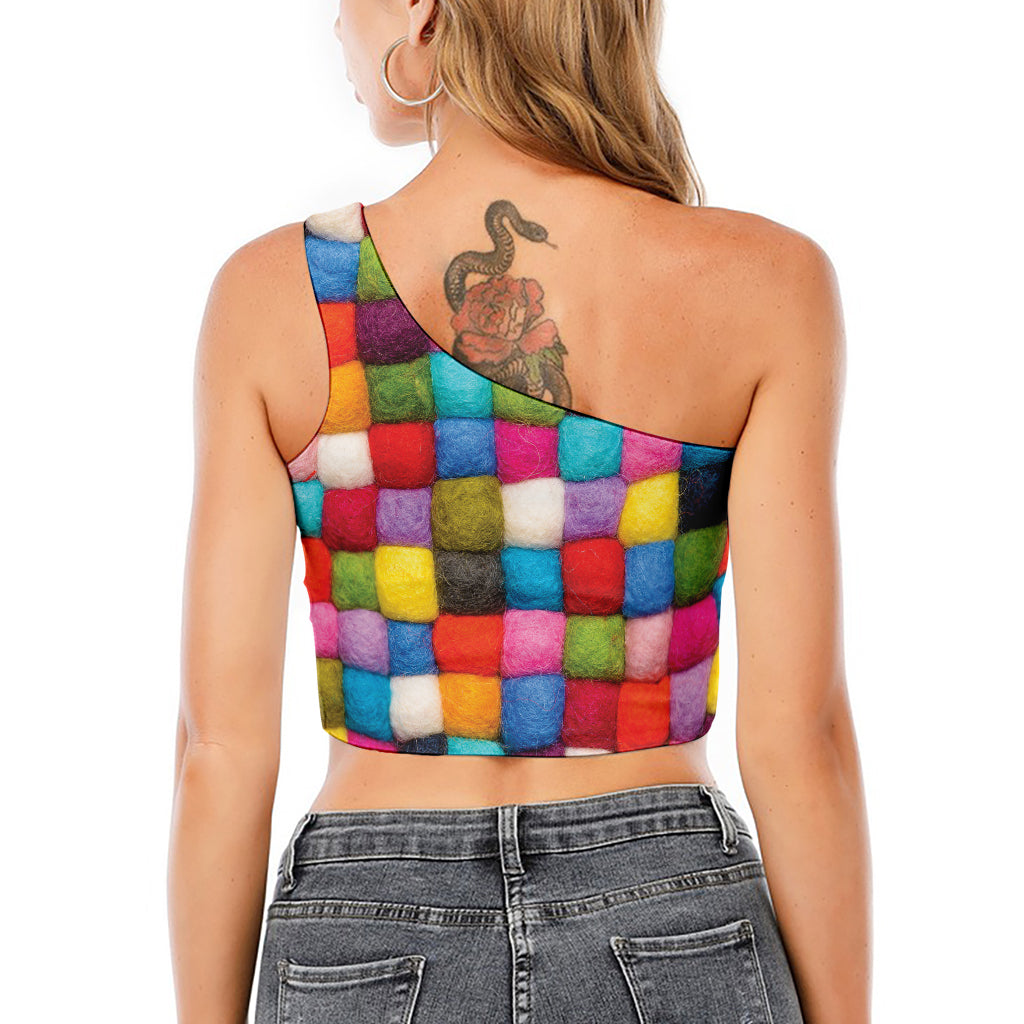 Colorful Yarn Balls Print One Shoulder Crop Top