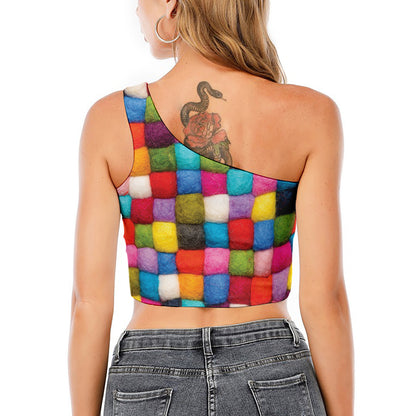 Colorful Yarn Balls Print One Shoulder Crop Top