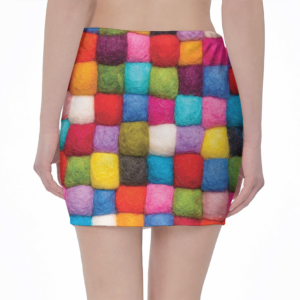 Colorful Yarn Balls Print Pencil Mini Skirt