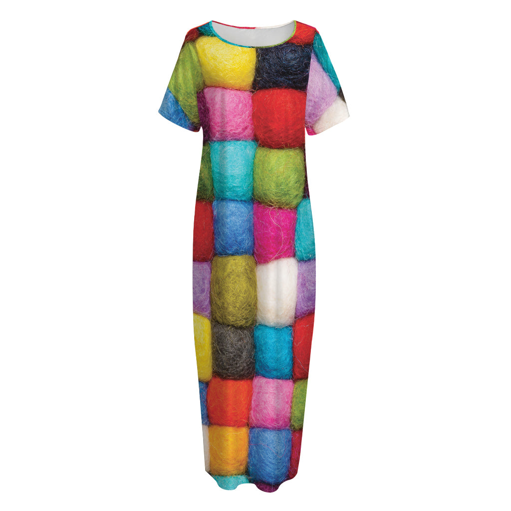 Colorful Yarn Balls Print Short Sleeve Long Nightdress