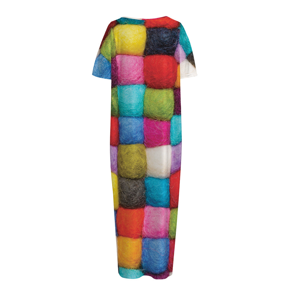 Colorful Yarn Balls Print Short Sleeve Long Nightdress